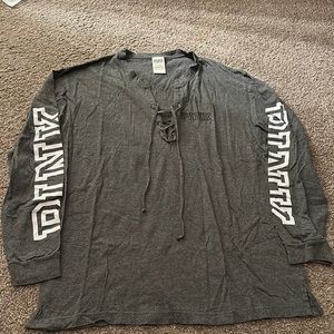 Dark Grey Long Sleeve PINK Victoria Secret Lace up V neck Size L shirt.